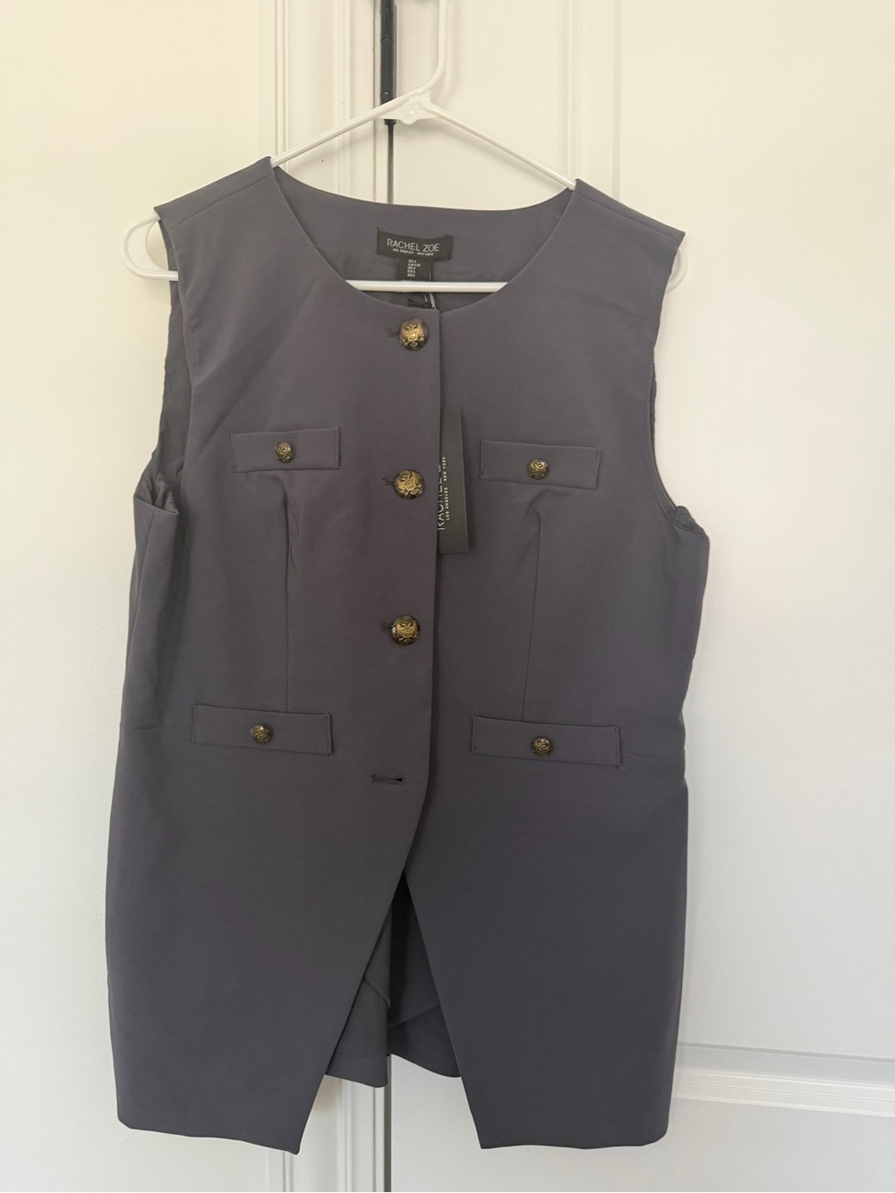 Rachel Zoe Charcoal Gray Sleeveless Long Vest with Gold Buttons